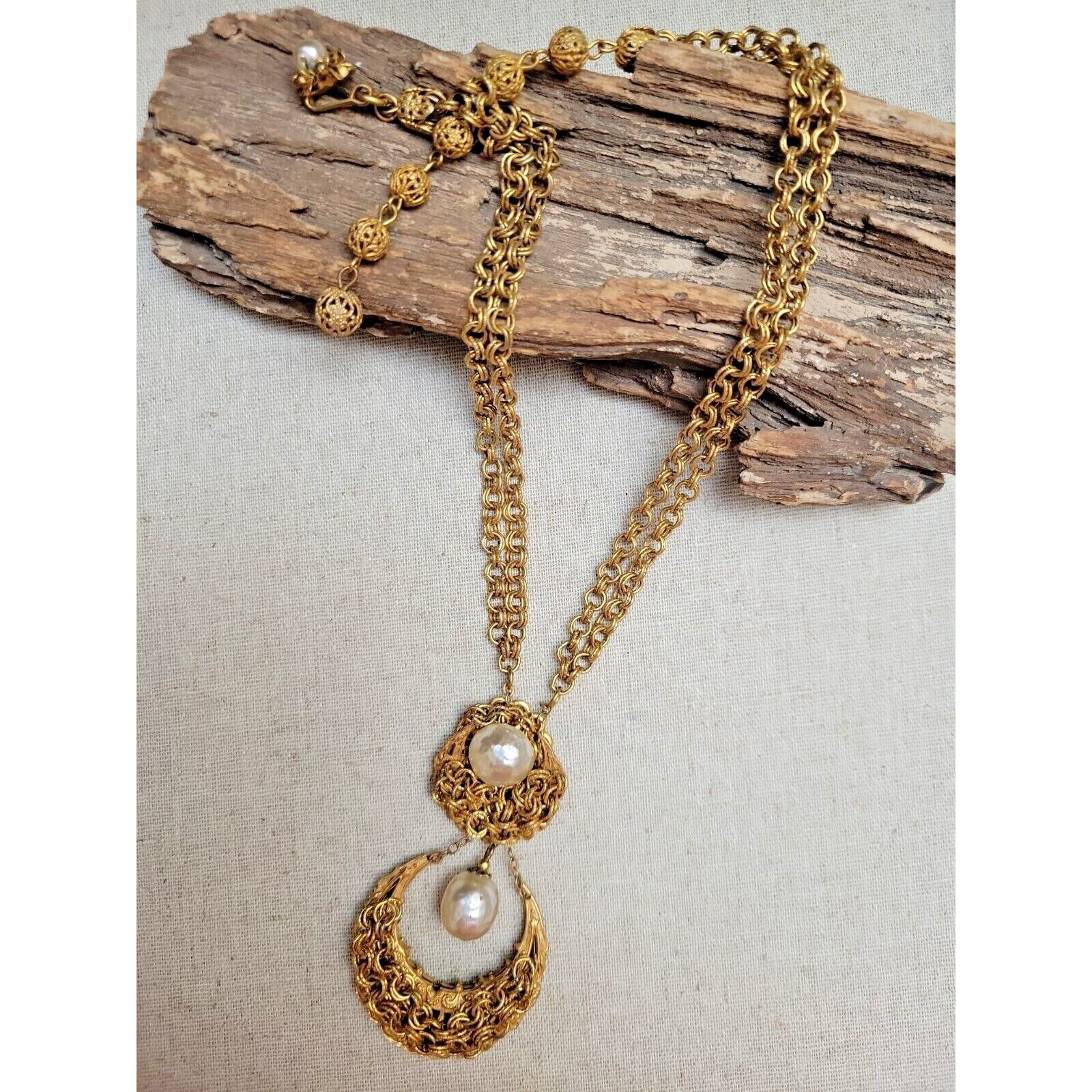 Rare Signed Miriam Haskell Double Dangle Baroque Pearl Multi Chain Necklace Vtg 234$